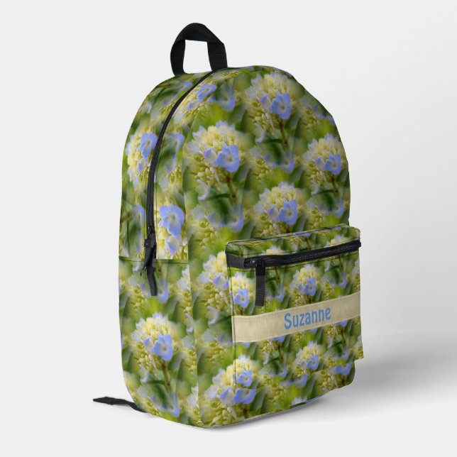 Blue Hydrangea Flower Pattern Personalised      Printed Backpack (Back Corner Left)