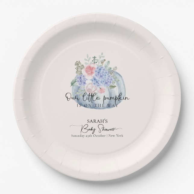 Blue Hydrangea Flower Pumpkin Fall Baby Shower Paper Plate (Front)