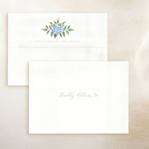 Blue Hydrangea Flower w/Return Address Striped  Envelope