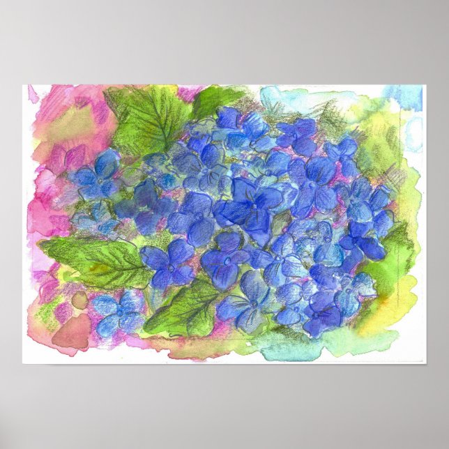 Blue Hydrangea Flower Watercolor Painting Poster (Front)