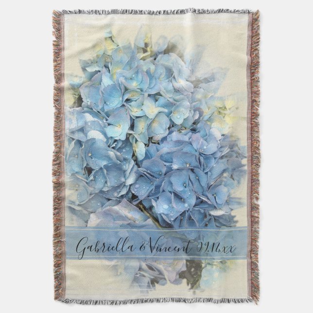 Blue Hydrangea Flower Wedding Keepsake Throw Blanket (Front Vertical)
