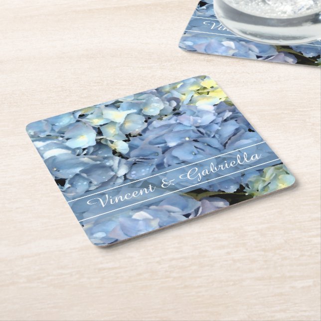 Blue Hydrangea Flower Wedding Square Paper Coaster (Angled)