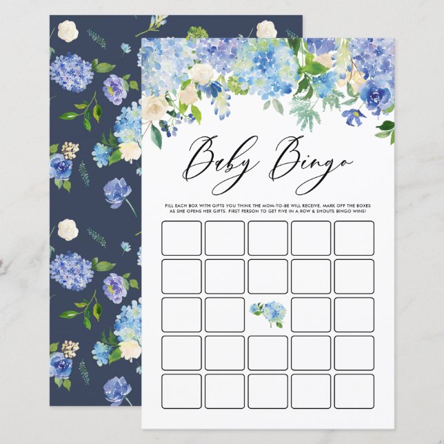 Blue Hydrangea Flowers Baby Shower Bingo Game Card (Front/Back)