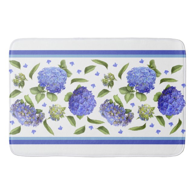 Blue Hydrangea Flowers Botanical Art Bath Mat (Front)
