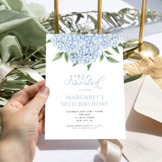 Blue Hydrangea Flowers Calligraphy Birthday Invitation