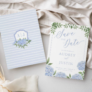 Blue Hydrangea Flowers Crest Save the Date Invitation