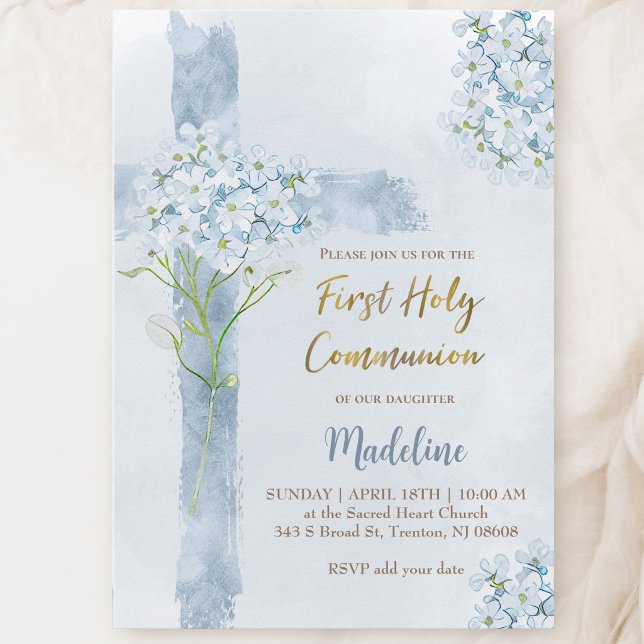 blue Hydrangea flowers cross First Communion Invitation (Creator Uploaded)