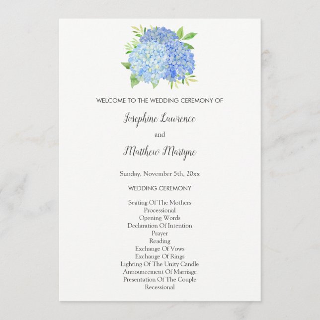 Blue Hydrangea Flowers Foliage Wedding Programme (Front)