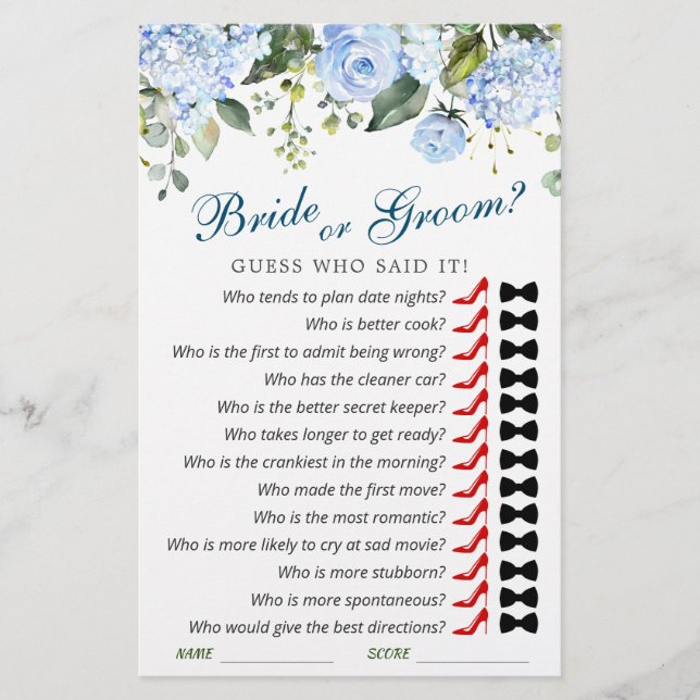 Blue Hydrangea Flowers Greenery Bridal Shower Game (Front)
