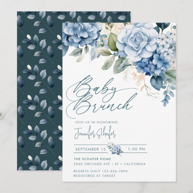 Blue Hydrangea | Flowers Leaves Baby Shower Invitation (Front/Back)