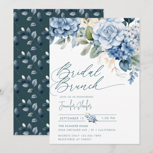 Blue Hydrangea | Flowers Leaves Bridal Shower Invitation (Front/Back)