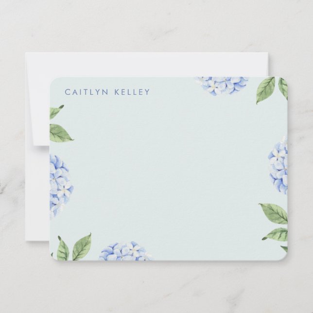Blue Hydrangea Flowers Light Green Custom Flat Card (Front)