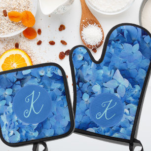 Blue Hydrangea Flowers Monogram Oven Mitt & Pot Holder Set