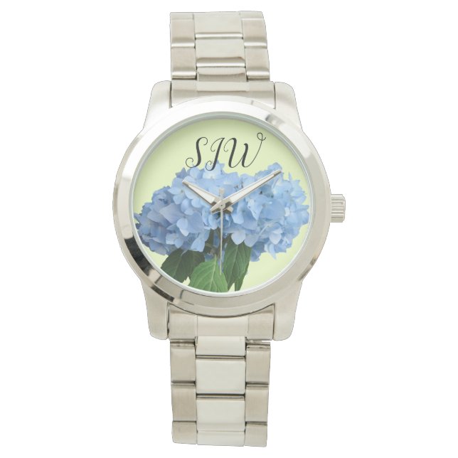 Blue Hydrangea Flowers Monogrammed Womens Watch (Front)