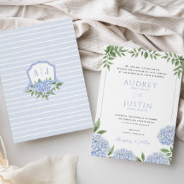 Blue Hydrangea Flowers, Personalised Crest Wedding Invitation