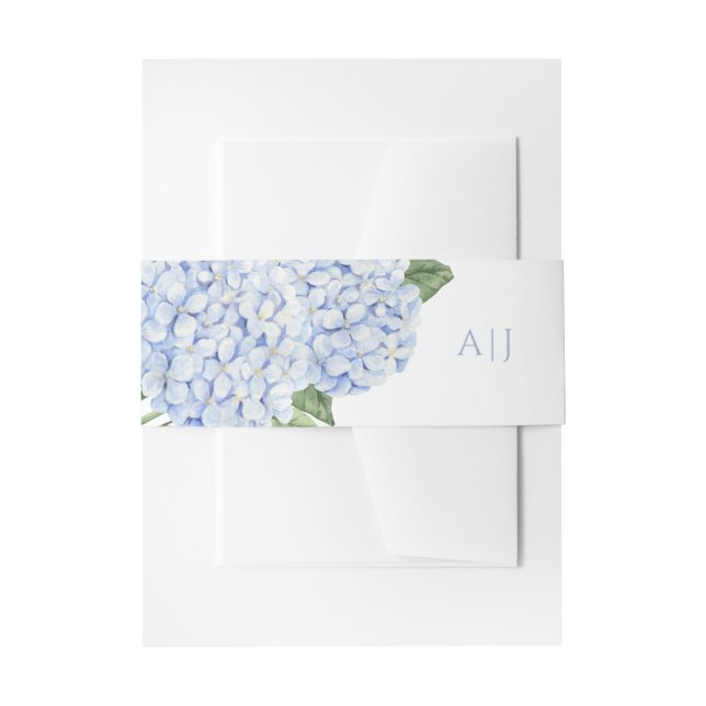 Blue Hydrangea Flowers Personalised Wedding Invitation Belly Band (Front Example)