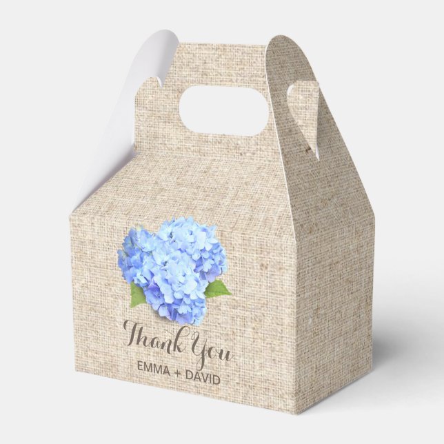 Blue Hydrangea Flowers Rustic Burlap Thank You Favour Box (Front Side)