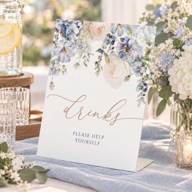 Blue Hydrangea Flowers Shower Drinks Sign ("Guess How Many Kisses Are In The Jar?" sign with tropical botanical florals, framed)