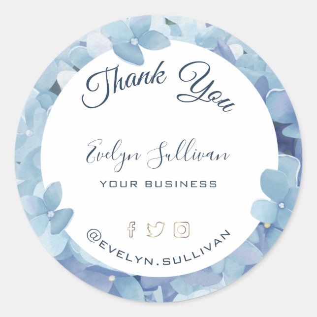 Blue Hydrangea Flowers Thank you Classic Round Sticker (Front)