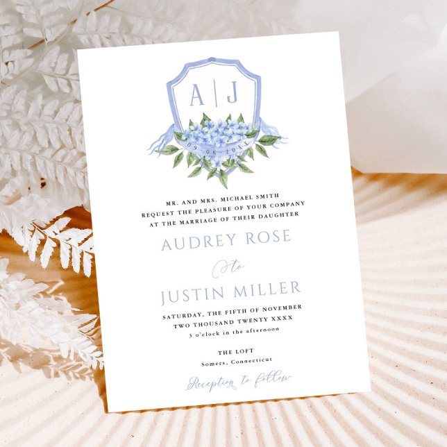 Blue Hydrangea Flowers Watercolor Crest Wedding Invitation (Creator Uploaded)