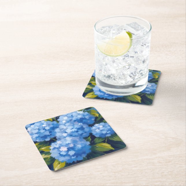 Blue Hydrangea Flowers Watercolor Floral Square Paper Coaster (Insitu)