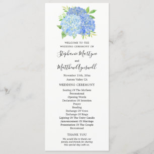 Blue Hydrangea Flowers Watercolor Wedding Programme