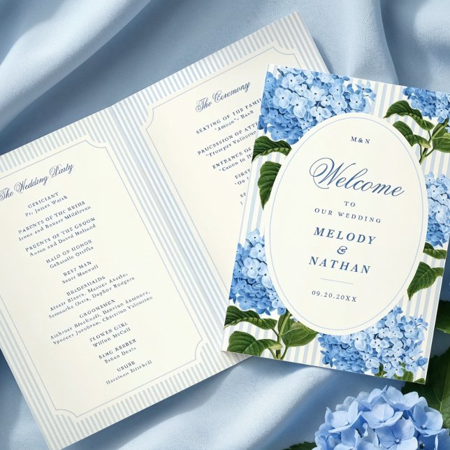 Blue Hydrangea Flowers Wedding Folded Paper Programme (blue hydrangea folded wedding paper program)