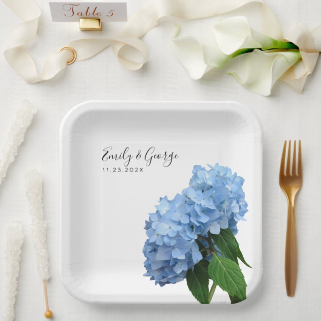 Blue Hydrangea Flowers Wedding Personalised Paper Plate (Wedding)