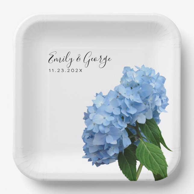 Blue Hydrangea Flowers Wedding Personalised Paper Plate (Front)