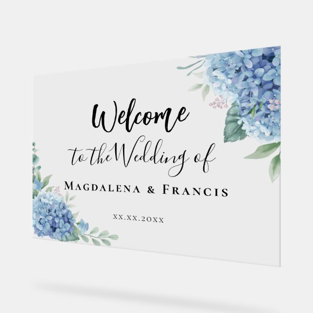 Blue Hydrangea flowers wedding welcome Acrylic Sign (Angle)