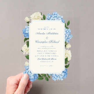 Blue Hydrangea Flowers & White Rose Garden Wedding Acrylic Invitations