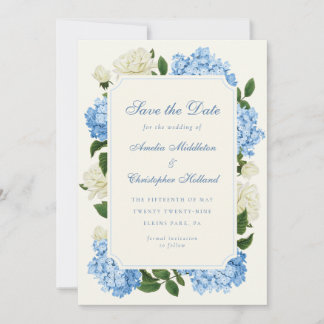 Blue Hydrangea Flowers & White Rose Garden Wedding Save The Date