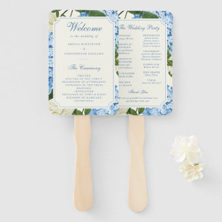Blue Hydrangea Flowers White Roses Wedding Program Hand Fan