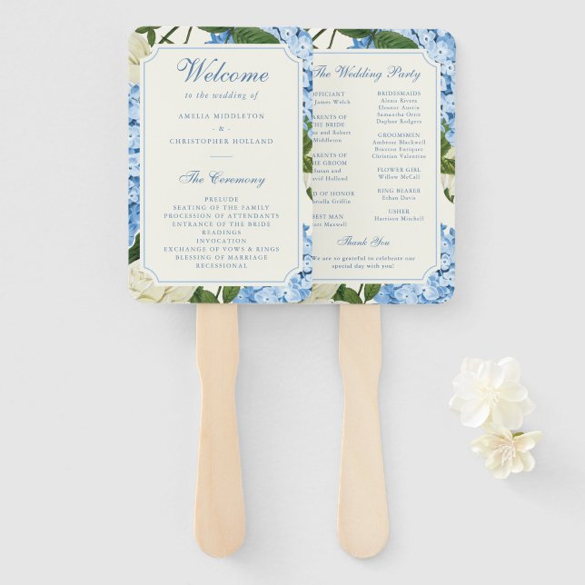 Blue Hydrangea Flowers White Roses Wedding Program Hand Fan (Front and Back)