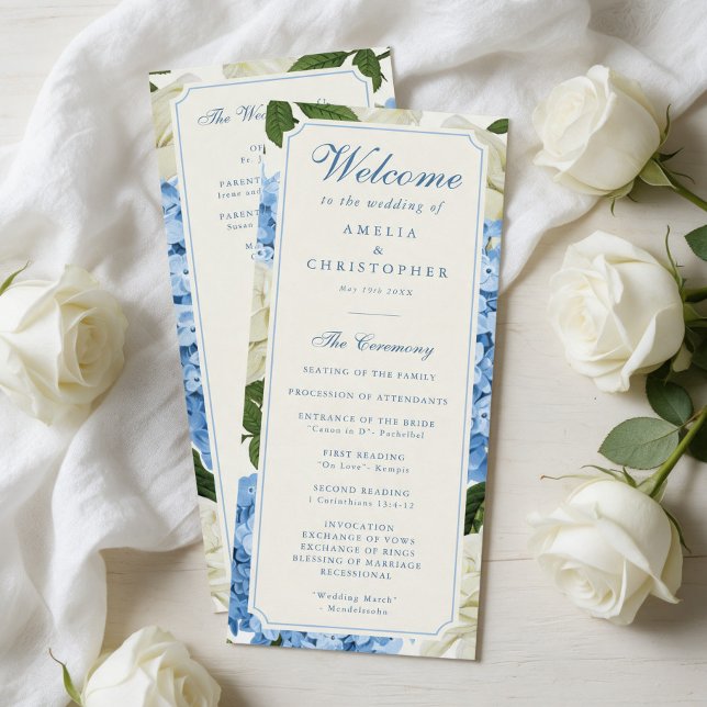 Blue Hydrangea Flowers White Roses Wedding Programme (elegant and formal wedding programs with blue hydrangea flowers and white roses background.)