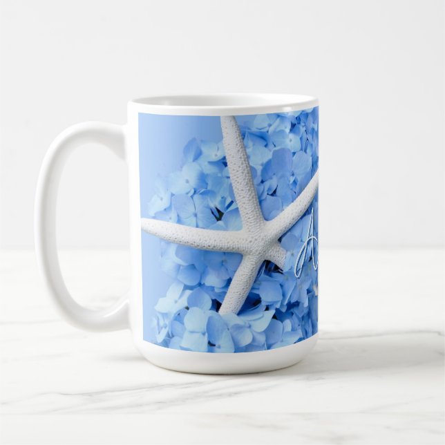 Blue Hydrangea Flowers White Starfish Coffee Mug (Left)