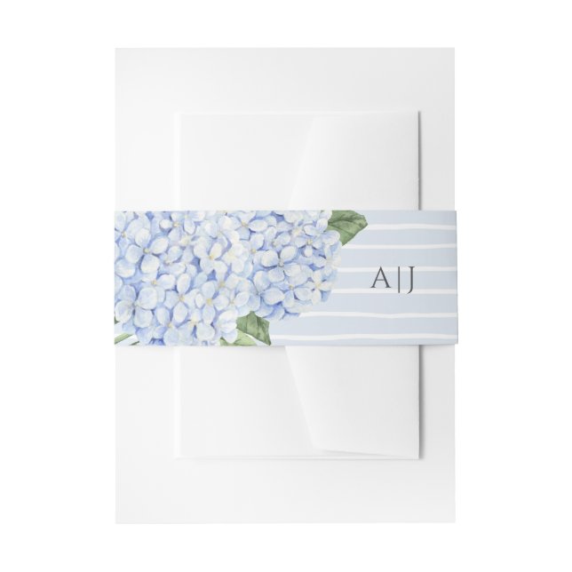 Blue Hydrangea Flowers with Stripes Personalised  Invitation Belly Band (Front Example)