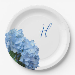 Blue Hydrangea Flowers Wood Background Paper Plate