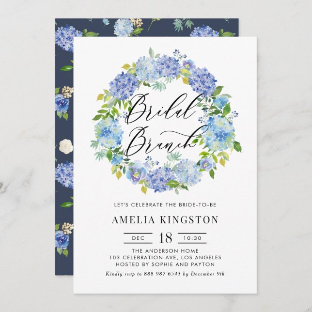 Blue Hydrangea Flowers Wreath Bridal Brunch Invitation (Front/Back)