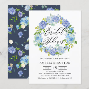 Blue Hydrangea Flowers Wreath Bridal Shower Invitation
