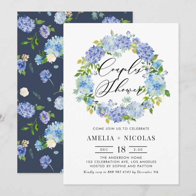 Blue Hydrangea Flowers Wreath Couples Shower Invitation (Front/Back)