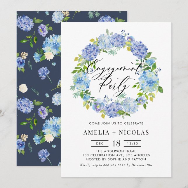 Blue Hydrangea Flowers Wreath Engagement Party Invitation (Front/Back)