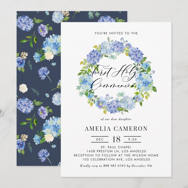 Blue Hydrangea Flowers Wreath First Holy Communion Invitation (Front/Back)