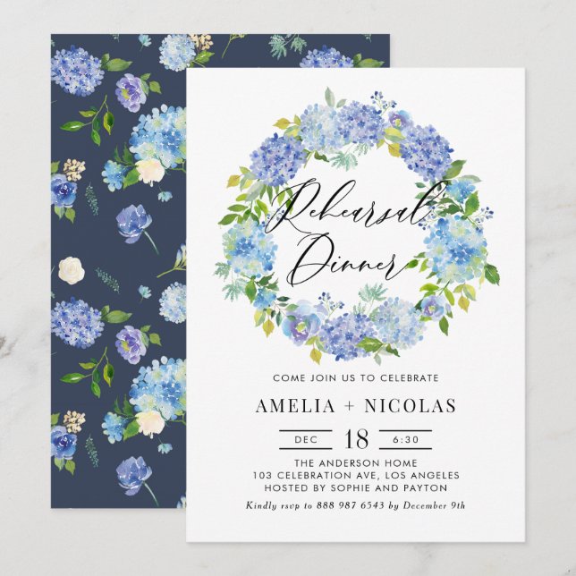 Blue Hydrangea Flowers Wreath Rehearsal Dinner Invitation (Front/Back)