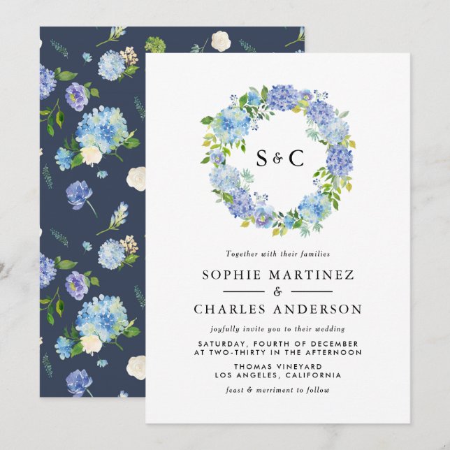 Blue Hydrangea Flowers Wreath Wedding Invitation (Front/Back)