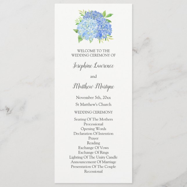 Blue Hydrangea Foliage Watercolor Floral Wedding Programme (Front)