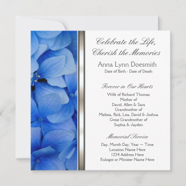Blue Hydrangea Funeral Announcements (Front)