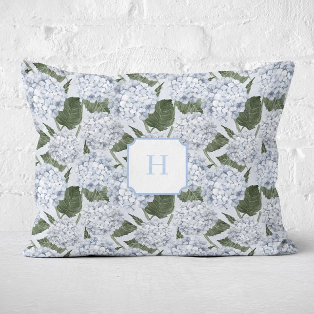 Blue Hydrangea Garden Monogram   Decorative Cushion (Hydrangea Garden Blue Monogram Lumbar Pillow)