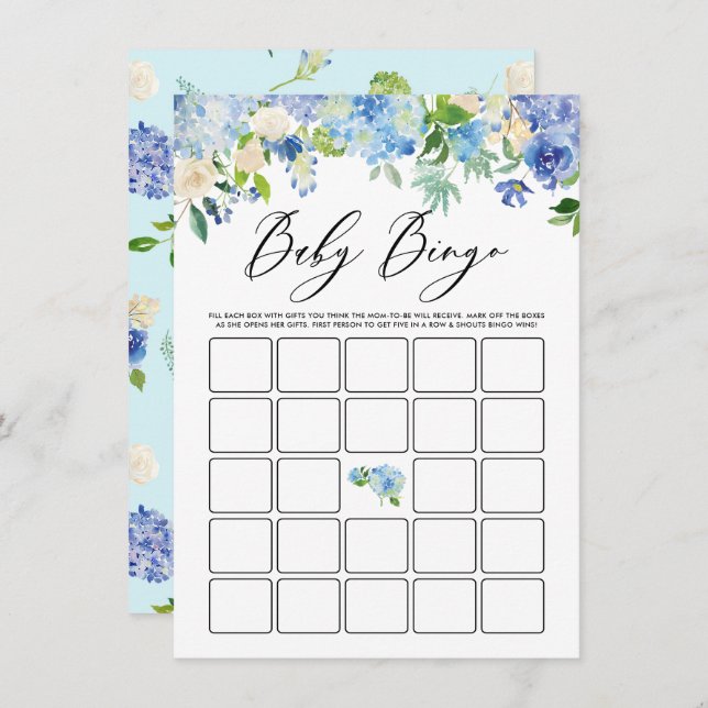 Blue Hydrangea Garland Baby Shower Bingo Game Enclosure Card (Front/Back)