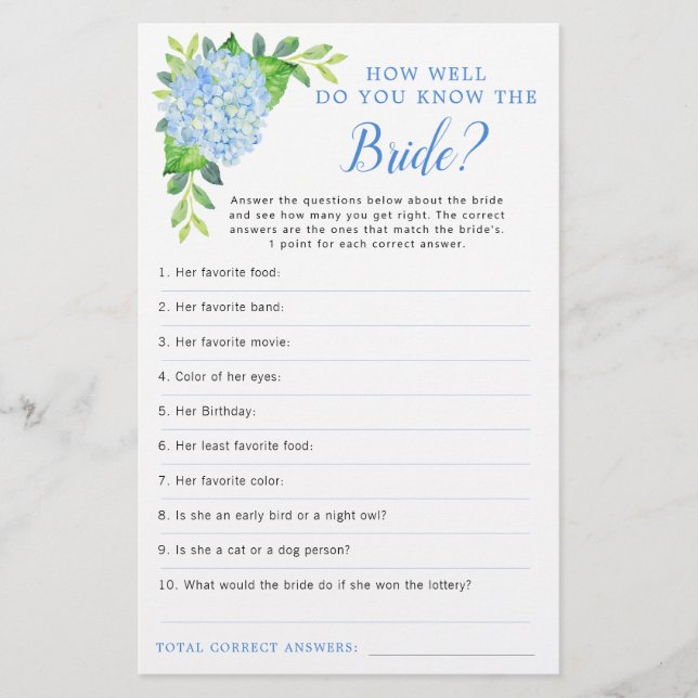 Blue Hydrangea Geometric Bridal Shower Game (Front)